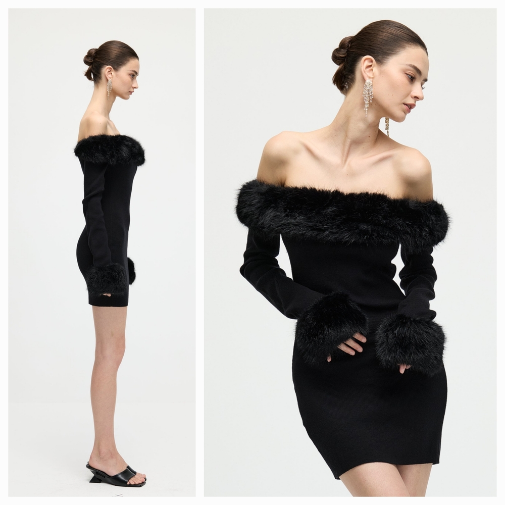 HERON PRESTON Black Off-The-Shoulder Faux Trim Minidress Size XXS NWT